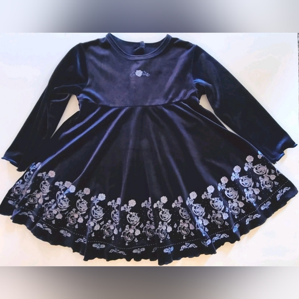 Children's Place Navy Blue Velour Dress with Floral Design Girls 3T Long Sleeve